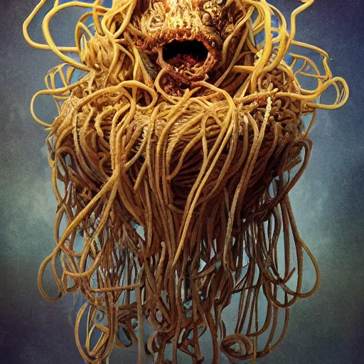 Prompt: Cinematic detailed portrait of the flying spaghetti monster.