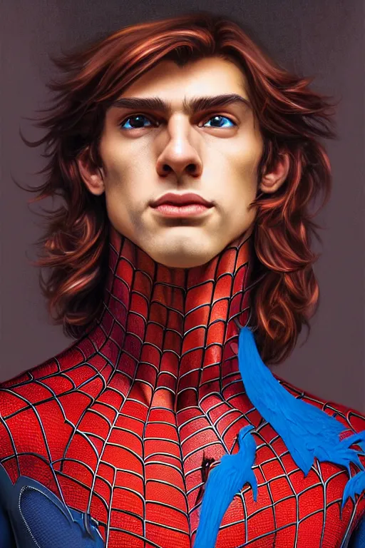 Prompt: portrait of a young spiderman handsome but joyful anthropomorphic parrot, male, masculine, upper body, red hair, long hair, d & d, fantasy, fierce, sharp features, intricate, elegant, highly detailed, digital painting, artstation, concept art, matte, sharp focus, illustration, art by artgerm and greg rutkowski and alphonse mucha