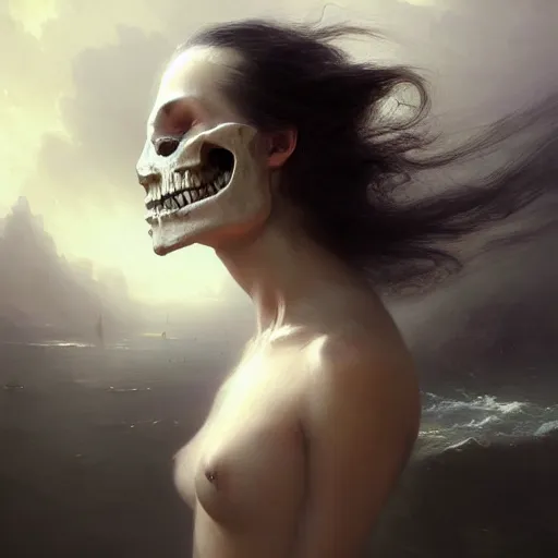 Image similar to epic portrait an woman with a skull face, wet flowing hair, sweaty skin, broad light, ambient occlusion, volumetric light effect, made by ivan aivazovsky, peter mohrbacher, greg rutkowski, hyperrealistic, hyperdetailed, matte painting, trending on artstation, 8 k, perfectly defined features, digital painting,