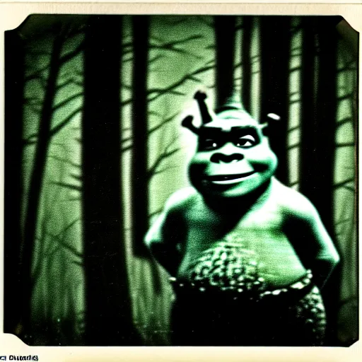 Image similar to 1 9 6 0's old polaroid of shrek staring from the depths of the dark gloomy forest, photorealistic, grainy, found footage, old film, low quality, horror, creepy, unsettling, liminal, strangely terrifying