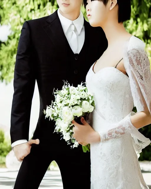 Image similar to saitama one punch man instagram couple's wedding photo shoot, closeup photo