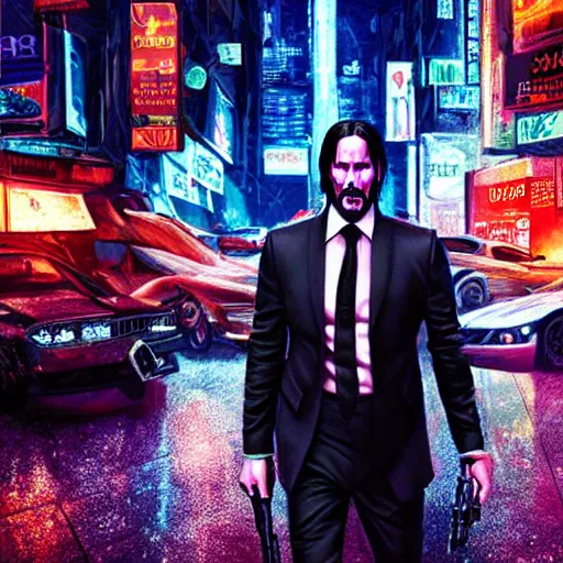 Prompt: john wick in cyberpunk city, night scene, highly detailed