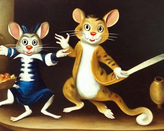 Image similar to a 1 6 0 0 s painting of tom and jerry