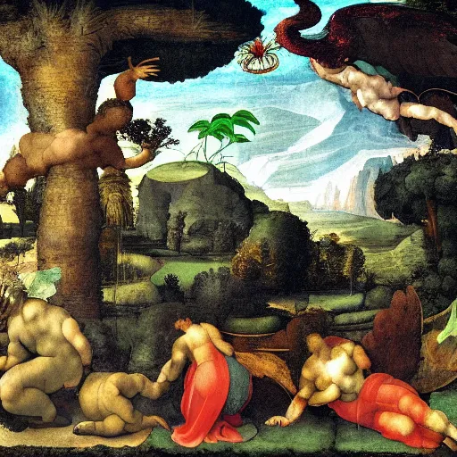 Image similar to high quality, high detail painting by michelangelo, high garden scene with quetzalcoatl, hd, muted lighting