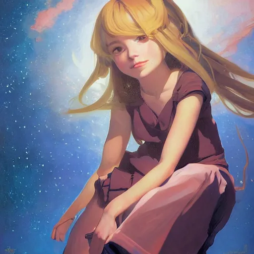 Prompt: sargent and leyendecker and greg hildebrandt, head and shoulders portrait of a cute russian young girl with long hair in space, anime, stephen bliss, unreal engine, fantasy art by greg rutkowski, loish, rhads, ferdinand knab, makoto shinkai, ilya kuvshinov, rossdraws, global illumination, radiant light, detailed and intricate environment