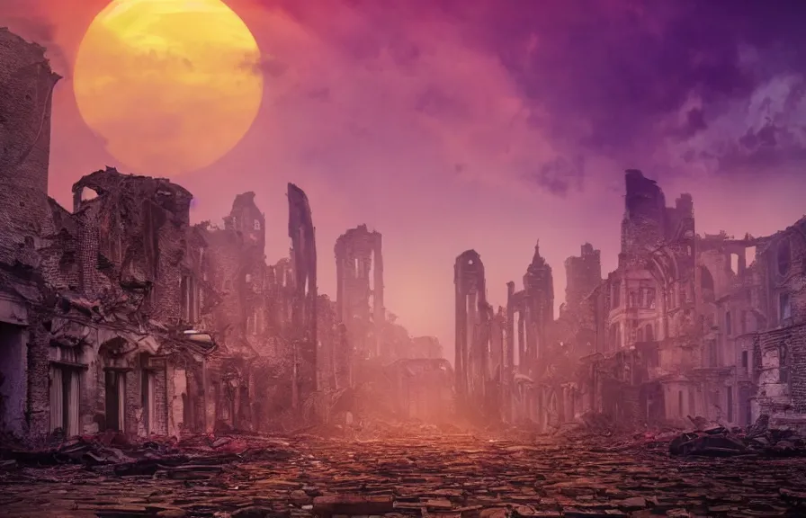 Prompt: Stunning photorealistic background of a city in ruin in a strange purple dimension with a large red sun looming in the distance on a rainy and foggy day, A large tower stands in the center of the crumbling buildings, parallax background