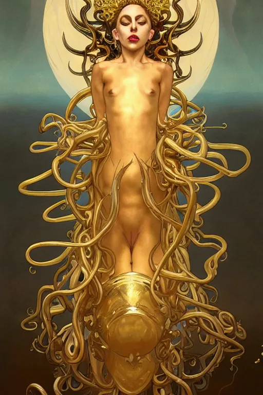 Prompt: Lady Gaga , a golden crown floating above his head, tentacles coming out the ground art by Artgerm and Greg Rutkowski and Alphonse Mucha and Craig Mullins and James Jean and Andrei Riabovitchev and Marc Simonetti and peter mohrbacher, sharp focus, ominous, cosmic horror, trending on artstation, Ultra detailed, hyper realistic 4k
