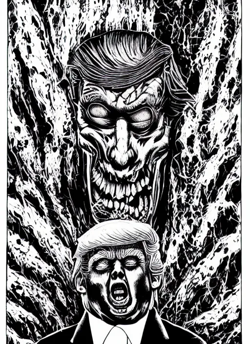 Image similar to Donald Trump's disgusting true form on a 1990s horror movie poster, inking, vintage 90s print, detailed, scary, horror, screen print, trending on artstation