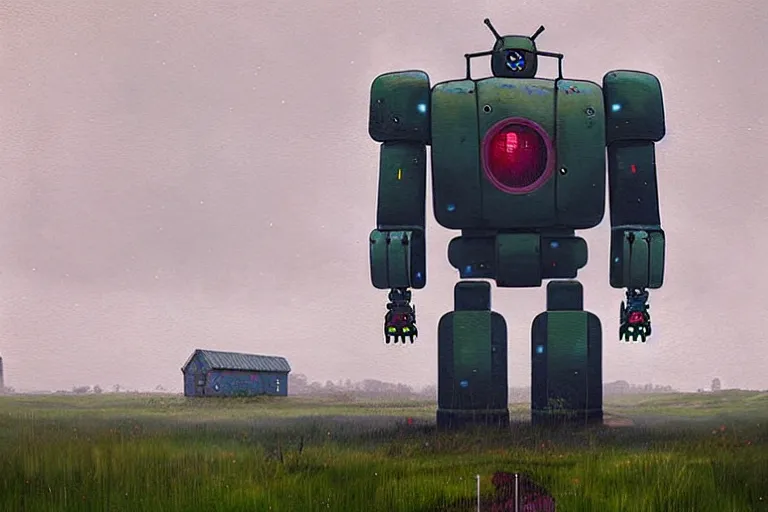 Image similar to British countryside derelict giant robot raining by Simon Stålenhag