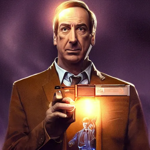 Prompt: Movie still of Saul Goodman in a mech holding a phone, fantasy, highly detailed, digital painting, artstation, concept art, sharp focus, illustration, art by Tony Sart and artgerm and randy vargas