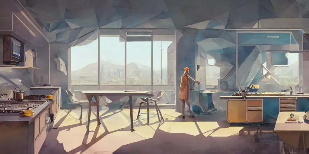 Image similar to a beautiful illustration of futuristic kitchen, lots of furniture, big medium small, sacred geometry, golden ratio, in watercolor gouache detailed paintings, in style of syd mead, trending on artstation, 8 k, panel, hard surface, wallpaper, zaha hadid, scattered props, plant, cozy, decoration, simon stalenhag, wes anderson, cyberpunk, insanely detailed