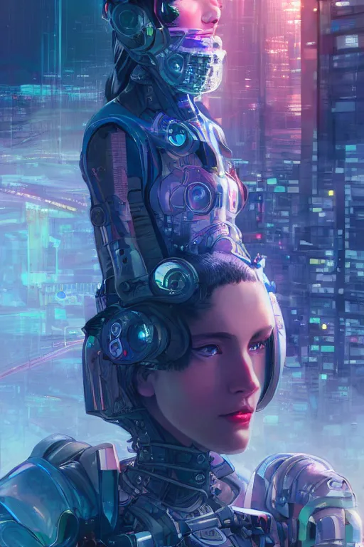 Prompt: portrait futuristic Cyber warrior Girl, in future cyberpunk tokyo rooftop , ssci-fi, fantasy, intricate, very very beautiful, elegant, neon light, highly detailed, digital painting, artstation, concept art, smooth, sharp focus, illustration, art by alphonse mucha and tian zi and WLOP