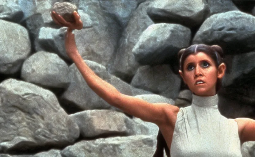 Image similar to portrait shot of Princess Leia lifting floating rocks outside a Jedi Temple scene from The Lost Jedi, 1970s film by Stanley Kubrick, serene, iconic scene, perfect shot of Carrie Fischer, stunning cinematography, hyper-detailed, sharp, anamorphic lenses, kodak color film, 4k