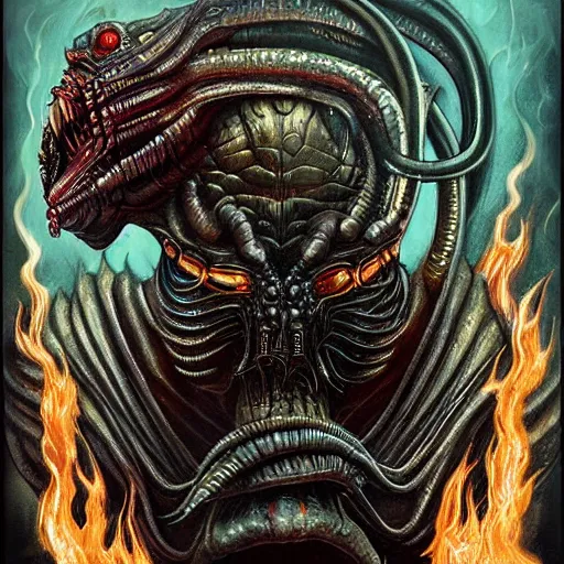 Prompt: giger doom demon predator portrait of satan with long tongue, fire and flame, burning head smoke, Pixar style, by Tristan Eaton Stanley Artgerm and Tom Bagshaw.