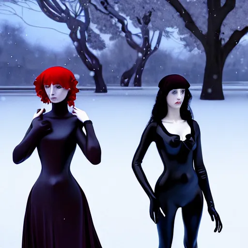 Prompt: 3 Figures as Winter Spirits, style is a blend of Æon Flux, Botticelli, and John Singer Sargent, inspired by pre-raphaelite paintings, shoujo manga, and Japanese city street fashion, dark and moody colors, hyper detailed, super fine inking lines, 4K extremely photorealistic, unreal engine 5, Arnold render