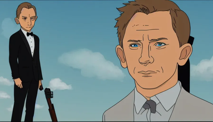 Image similar to a screenshot of daniel craig as james bond in ghibli style