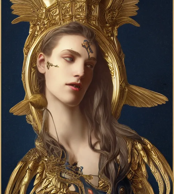 Image similar to god of death, young man, in the underworld, elegant dark blue dress, very detailed, throne, very intricate details, jewelry, gold line tattoos, elaborate long black hairstyle, wings, cinematic, artstation, william bouguereau, alphonse mucha, greg rutkowski, rossdraws, octane render