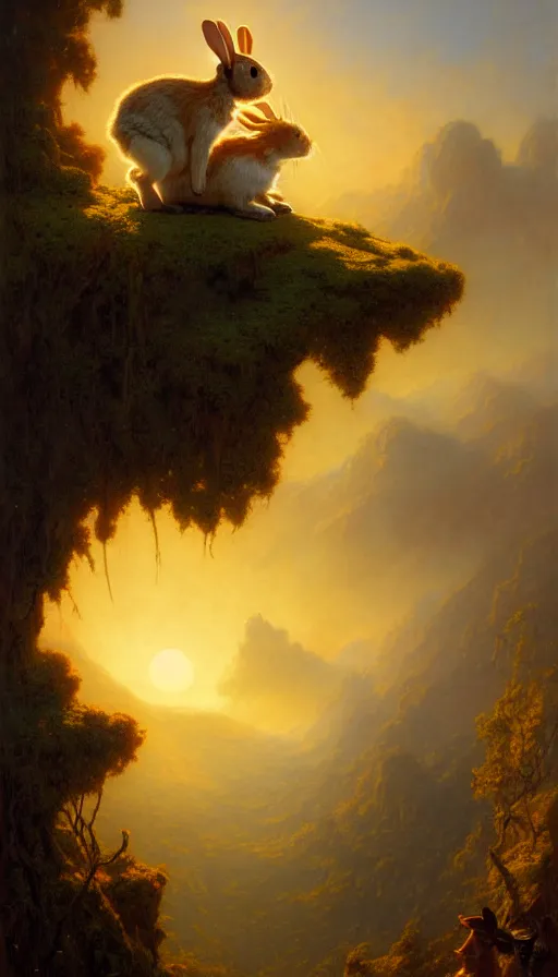 Prompt: rabbit looking off of a cliff, sun setting behind rabbit, lush forest in valley below, painted by tom bagshaw, james gurney, gaston bussiere, craig mullins, j. c. leyendecker 8 k