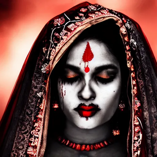 Prompt: beautiful Hindu lady of the dark with veil, cover with blood, horror terrifying, soft light, realistic, photorealistic, ultra detailed, high definition, irwin penn, full HD, 8k!