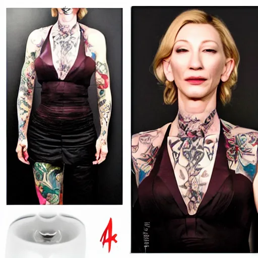 Image similar to full body yakuza tattooed cate blanchett, nose ring, 4k