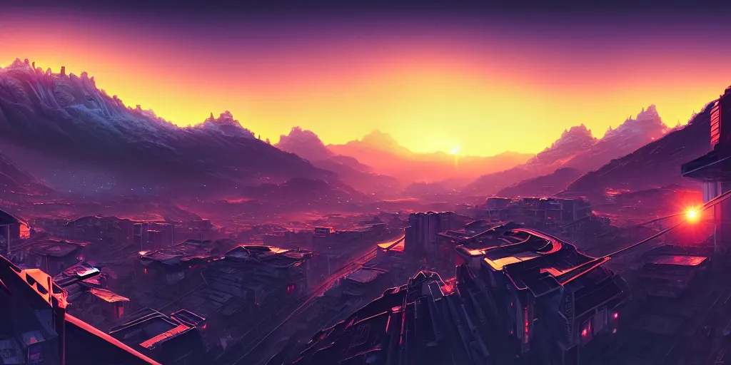 Image similar to beautiful sunset over detailed cyberpunk suburb in a valley surrounded by epic mountains with snowtops, sharp, highly detailed, hyperrealistic, kacper niepokolczycki, syd mead, 4 k, perfect geometry