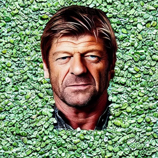 Prompt: a portrait of of sean bean constructed from beans, collage, drop shadow, organic, layered composition, layers, texture, mcu, petals, highly textured, layered, sculpted, dynamic,