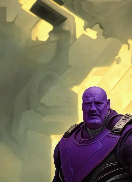 Image similar to a still of Hitler as Thanos in Avengers Endgame, purple Hitler face realistic, infinity gauntlet snap, sigma male, accurately portrayed, portrait art by alphonse mucha and greg rutkowski, highly detailed, digital painting, concept art, illustration, dim lighting with twilight rays of sunlight, trending on artstation, very detailed, smooth, sharp focus, octane render, close up