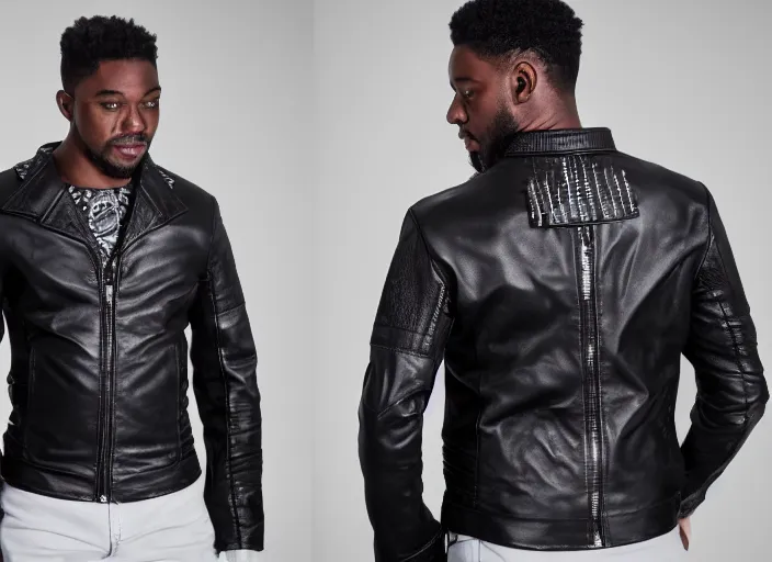 Image similar to product still of Black Panther signature leather jacket, black with silver panther teeth accents, 85mm f1.8