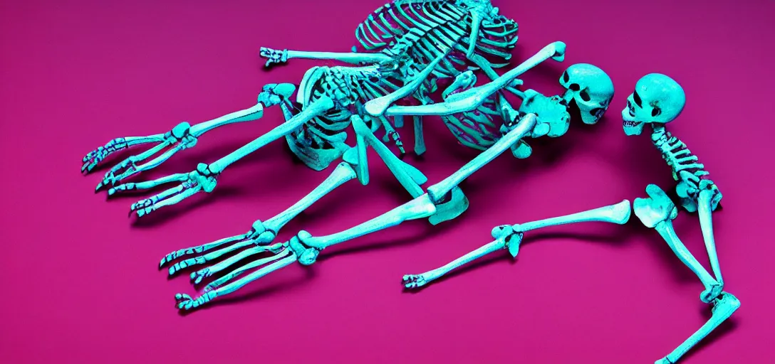 Prompt: the skeleton lies on the ground in front of the computer, magenta and blue, dof, neon