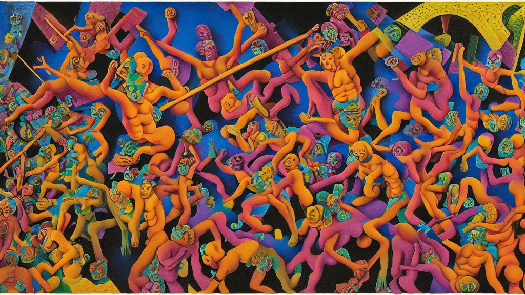 Image similar to multi colored psychedelic weeping soldiers | pain, pleasure, suffering, adventure, love, life, afterlife, souls in joy and agony | abstract oil painting, gouche on paper by MC Escher and Salvador Dali and raqib shaw and Josef albers on LSD |