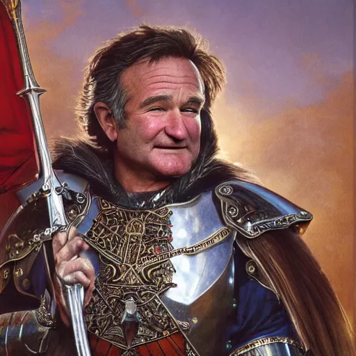 Image similar to an ultradetailed portrait of robin williams dressed as a fantasy holy paladin, carrying a large tower shield, d & d, fantasy, intricate, elegant, highly detailed, digital painting, matte, sharp focus, illustration, plate armor, god rays, art by john collier and albert aublet and krenz cushart and artem demura and alphonse mucha