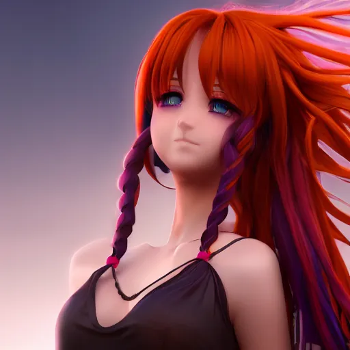 Prompt: render as a very beautiful 3d anime girl, long braided orange purple hair, hazel eyes, full round face, short smile, cinematic lightning, medium shot, mid-shot, highly detailed, trending on Artstation, Unreal Engine 4k, cinematic wallpaper