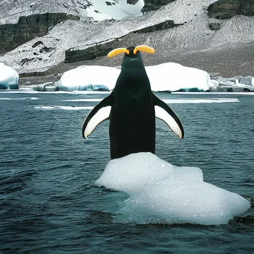 Prompt: A national geographic wide-shot photograph of a giant penguin with human eyes and horns.