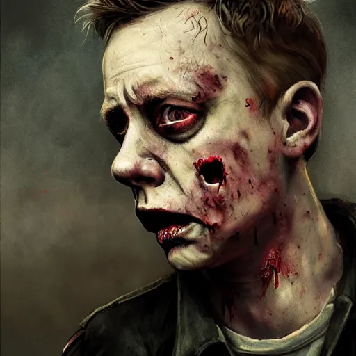 Image similar to young adult bernard sumner of new order as a zombie looking sad, 7 days to die zombie, gritty background, fine art, award winning, intricate, elegant, sharp focus, cinematic lighting, digital painting, 8 k concept art, art by michael hussar, art by brom, art by guweiz and z. w. gu, 8 k