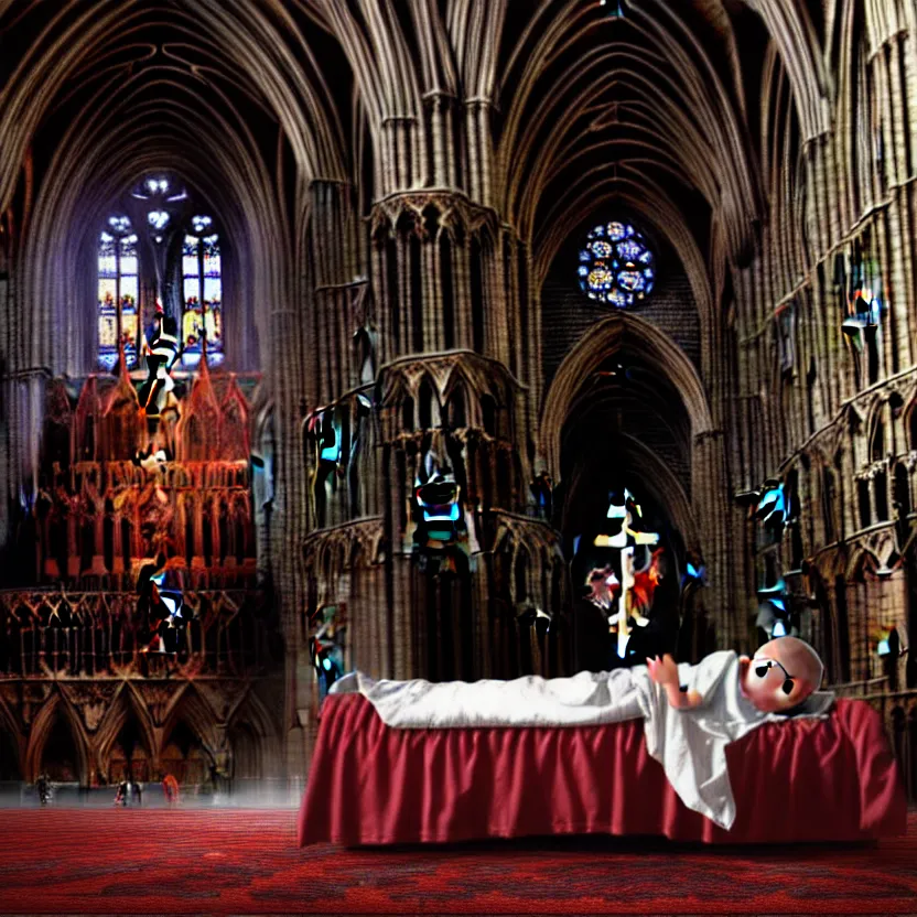 Image similar to a child sitting in his bed screaming, the bed is inside a gothic cathedral, under the bed is a hideous laughing demon dressed as a catholic priest, religious symbols, digital art, hyperrealistic nightmare, terrifying, supernatural, highly detailed, creepy