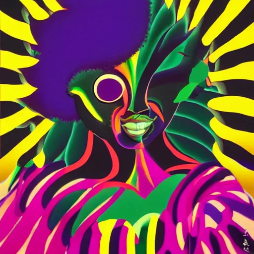 Prompt: a black woman with yellow eyes and a dark rainbow background, gouache painting by tomokazu matsuyama, by ed paschke, by agnes pelton, by patrick nagel, behance contest winner, generative art, irridescent, holography, neon, dark art, retrowave, grain, black background