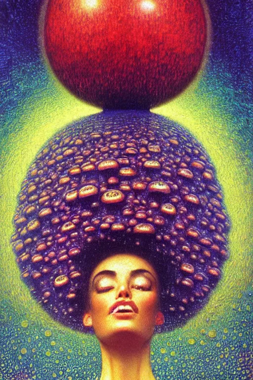 Image similar to 8 0 s close up portait of mushroom head with big mouth surrounded by spheres, rain like a dream oil painting curvalinear clothing cinematic dramatic fluid lines otherworldly vaporwave interesting details epic composition by artgerm rutkowski moebius francis bacon gustav klimt