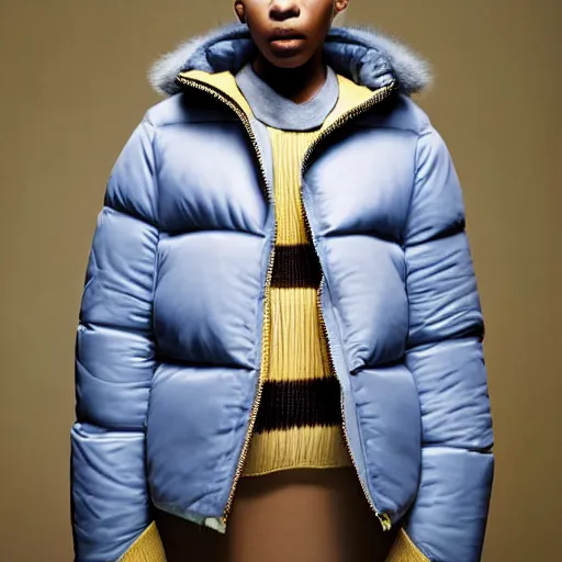 Image similar to realistic photoshooting for a new balenciaga lookbook color film photography portrait of a beautiful woman model, model wears a puffer jacket, photo in style of tyler mitchell, wes anderson, ssense