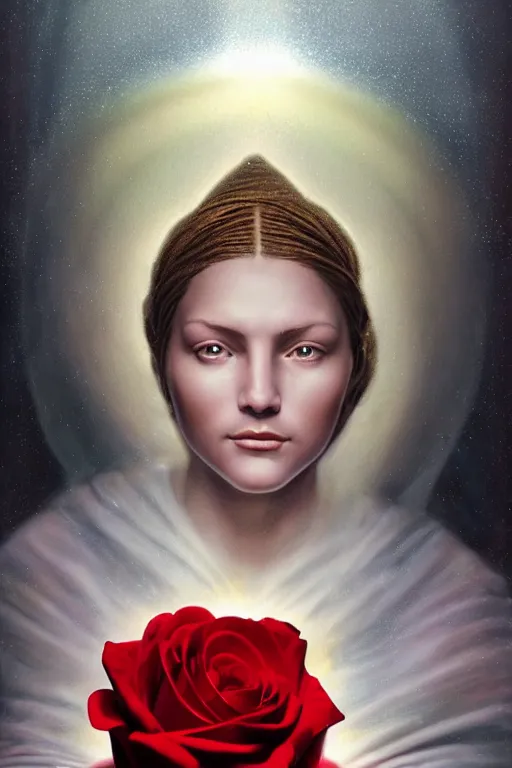 Image similar to hyperrealistic mixed media painting of Mother Mary, a halo about her head, holding a red rose, traditional beauty, stunning 3d render inspired art by P. Craig Russell and Barry Windsor-Smith + perfect facial symmetry + dim volumetric lighting, 8k octane beautifully detailed render, post-processing, extremely hyperdetailed, intricate, epic composition, grim yet sparkling atmosphere, cinematic lighting + masterpiece, trending on artstation, very very detailed, masterpiece, stunning