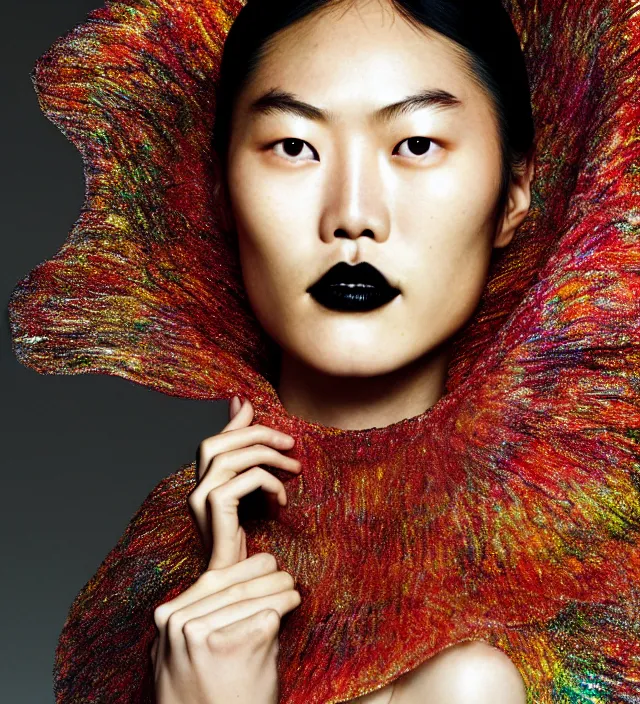 Image similar to photography facial portrait of liu wen, natural background, natural pose, wearing stunning cape by iris van herpen, with a colorfull makeup. highly detailed, skin grain detail, photography by paolo roversi, nick knight, helmut newton, avedon, araki