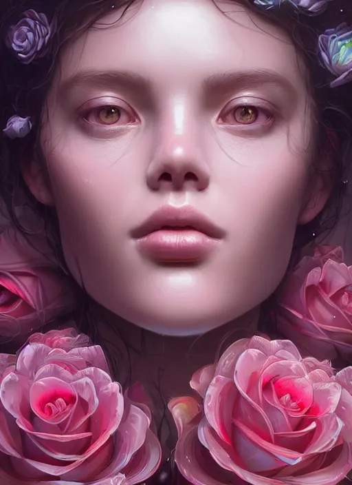 Image similar to portrait of a female face with roses instead of eyes. roses, intricate abstract upper body intricate artwork, by tooth wu, wlop, beeple, dan mumford. concept art, octane render, deviantart, greg rutkowski, cinematic arthouse, key art, hyper realism, iridescent accents