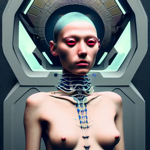 Image similar to Colour aesthetic Caravaggio style full body Photography of Highly detailed beautiful cybertronic ukrainian woman with 1000 year old detailed face wearing highly detailed retrofuturistic sci-fi Neural interface designed by Hiromasa Ogura . In style of Josan Gonzalez and Mike Winkelmann and andgreg rutkowski and alphonse muchaand and Caspar David Friedrich and Stephen Hickman and James Gurney and Hiromasa Ogura. Rendered in Blender and Octane Render volumetric natural light