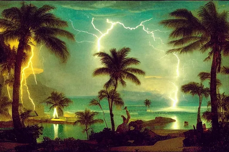 Image similar to From inside of the palace, refracted lightnings on the ocean, thunderstorm, greek pool, beach and Tropical vegetation on the background major arcana sky and occult symbols, by paul delaroche, hyperrealistic 4k uhd, award-winning, very detailed paradise