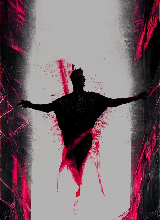 Image similar to elegant dark design poster showing a statue of julius caesar, black background with very subtle red and purple design elements, powerful, nekro, vito acconci, thin straight lines, dark, glitch art, neo vaporwave, gritty, layout frame, square, extremly detailed, trending on artstation