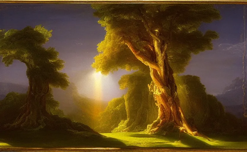 Image similar to a tree of omnious light painted by thomas cole