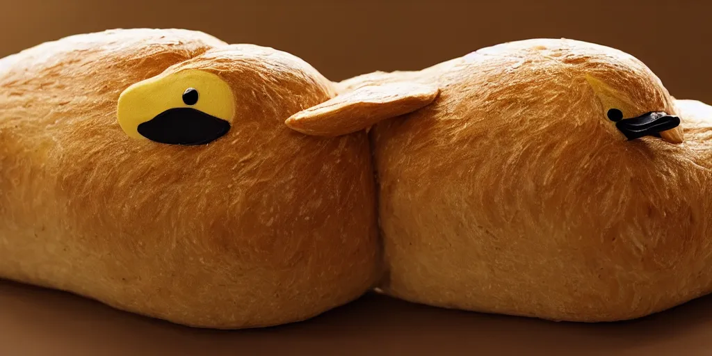 Image similar to A cute duck as a loaf of bread, realistic, close up, ambient lighting, ultra high detail.