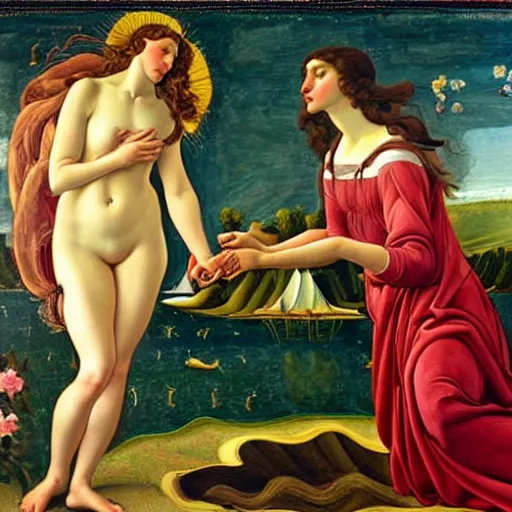 Image similar to Portrait of Keira Knightley as Venus in the painting The Birth of Venus, by the Italian artist Sandro Botticelli, Tempera on canvas