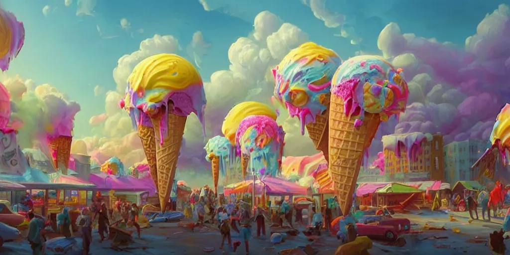 Prompt: ice cream candy apocalypse, colorful, wide angle, super highly detailed, professional digital painting, artstation, concept art, smooth, sharp focus, no blur, no dof, extreme illustration, Unreal Engine 5, Photorealism, HD quality, 8k resolution, cinema 4d, 3D, beautiful, cinematic, art by artgerm and greg rutkowski and alphonse mucha and loish and WLOP