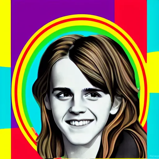 Image similar to rainbow smiling happy emma watson age 1 7 as hermione. pop art.