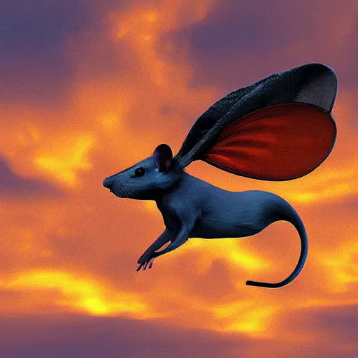 Image similar to a mouse with clockwork wings flying through thick orange clouds, fantasy digital art